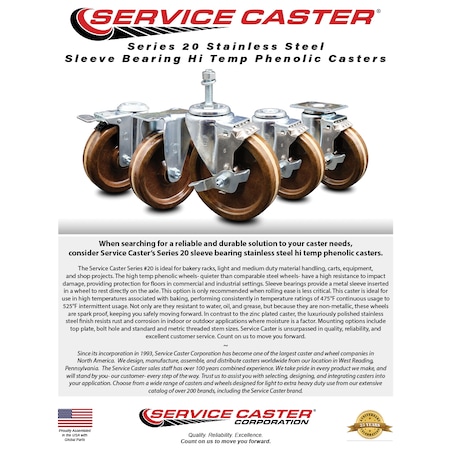 Service Caster 3 Inch SS High Temp Phenolic Wheel Swivel 12mm Threaded Stem Caster Set SCC SCC-SSTS20S314-PHSHT-M1215-4